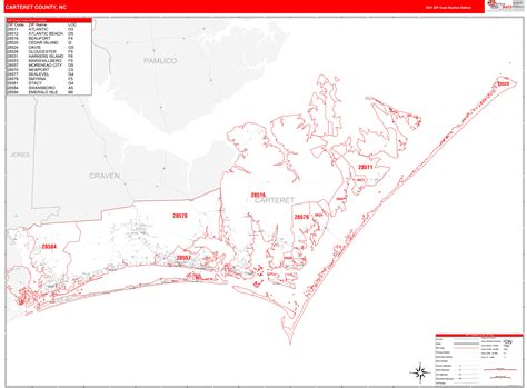 Carteret County, NC Zip Code Wall Map Red Line Style by MarketMAPS