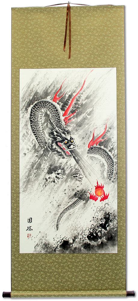 Flying Chinese Dragon Lightning Pearl Asian Scroll