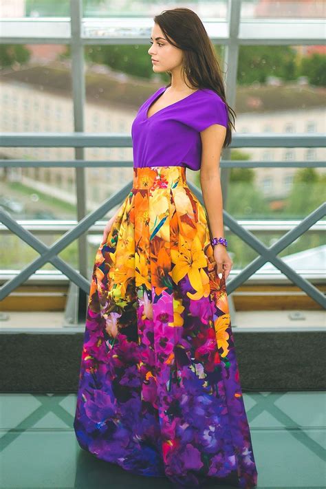 Yellow Purple Full Skirts With Flower Print Long Floral Skirt Floral