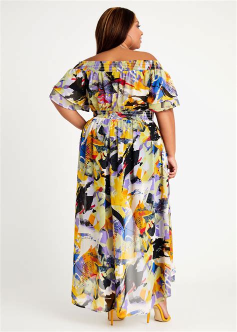 Plus Size Abstract Off The Shoulder Puff Sleeve Hi Low Duster Top