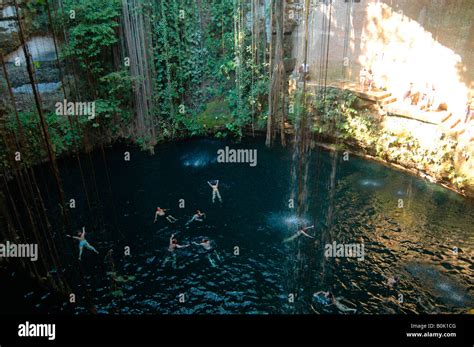 Cenote Cenotes In Yucatan Peninsula People Swiming Fresh Water Sink