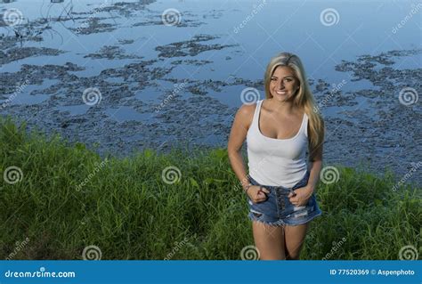Stunning Young Woman In White Tank Top And Denim Stock Image Image Of