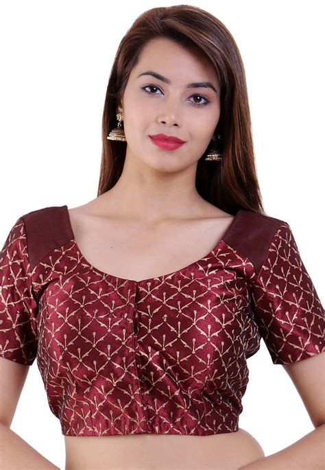 Golden Printed Dupion Silk Padded Blouse In Maroon Ubd979