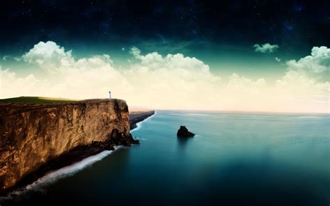 2560x1600 Lighthouse Cliff Clouds Stars Sea Wallpaper