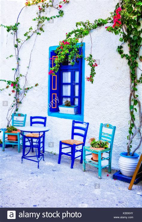 Traditional Greece Cute Street Tavernas With Typical Chairs Kos