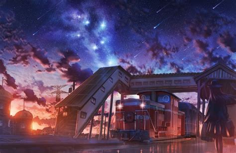 Wallpaper Anime Landscape Falling Star Train Station Trip Scenery