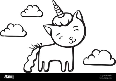 Cute White Cat Unicorn With Horn On Sky Background With Clouds Hand