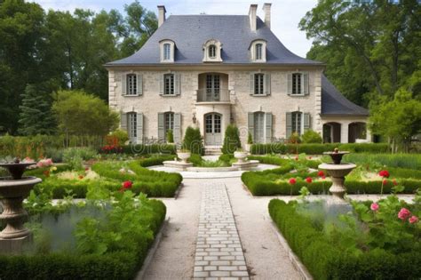 French Country House Exterior With View Of Manicured Gardens And Stone