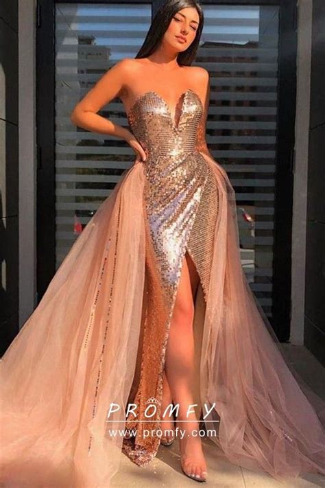 Rose Gold Sequin Tulle Overskirt Split Prom Dress