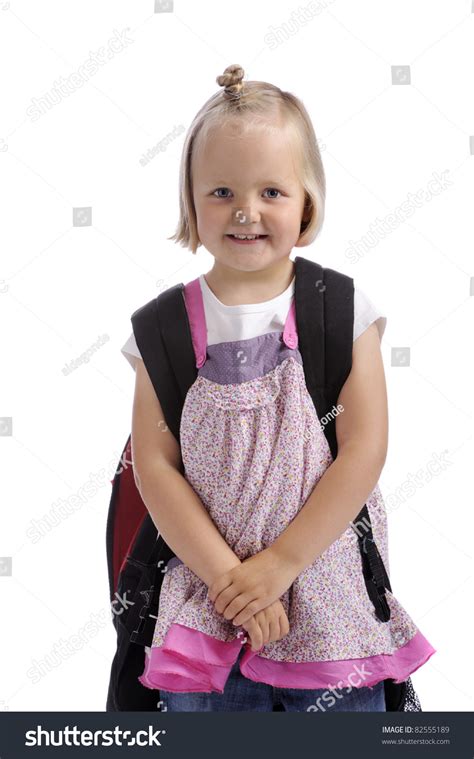 Happy Preschooler Backpack Isolated On White Stock Photo 82555189