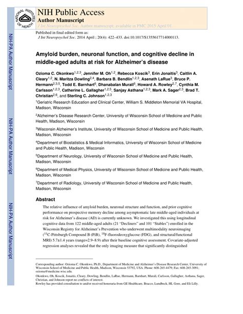 Pdf Amyloid Burden Neuronal Function And Cognitive Decline In