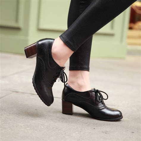 brogue womens oxford lace up wing tip retro mid chunky heel slip on shoes black on luulla