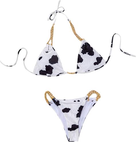 Appointed Women Cow Print Bikini Set Chain Strap Push Up Bandage Thong Swimsuit