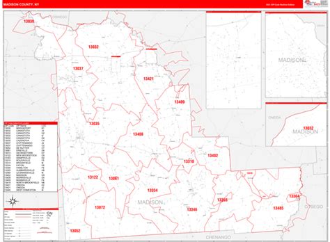 Madison County Ny Zip Code Wall Map Red Line Style By Marketmaps