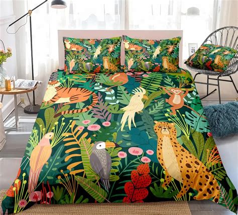 Wild Animals Bedding Tropical Plants Duvet Cover Set Parrot Monkey
