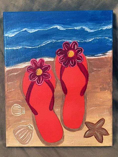 Hand Painted Flip Flops On Beach Acrylic On Canvas 8x10 Summer Ocean