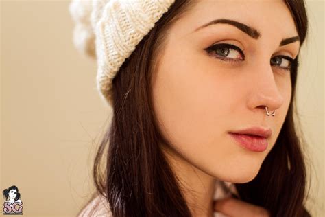 Ashley Holat Brunette Pierced Septum Blue Eyes Face Women Beanie Suicide Girls Closeup