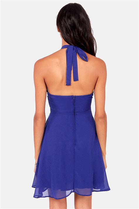 Sexy Blue Dress Halter Dress Cutout Dress 4100