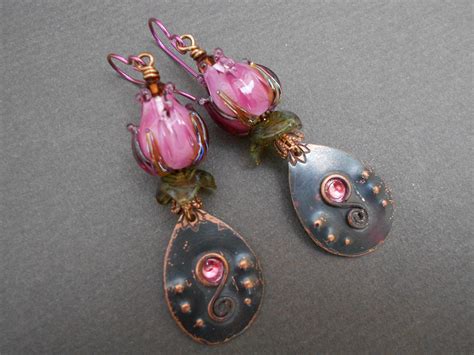 Boho earrings,Tulip earrings,Flower earrings,Copper earrings,OOAK earrings,Romantic earrings 