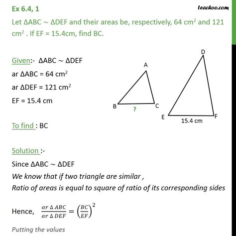 A similar triangle could have sides with. Ex 6.4, 1 - Let ABC similar DEF and their areas be 64 cm2