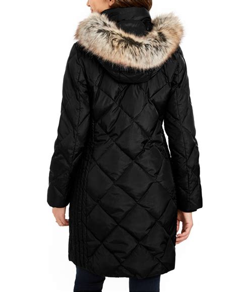 London Fog Hooded Faux Fur Trim Puffer Coat In Black Lyst