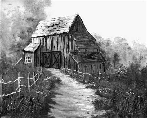 Wooden Barn In Black And White Painting By Claude Beaulac