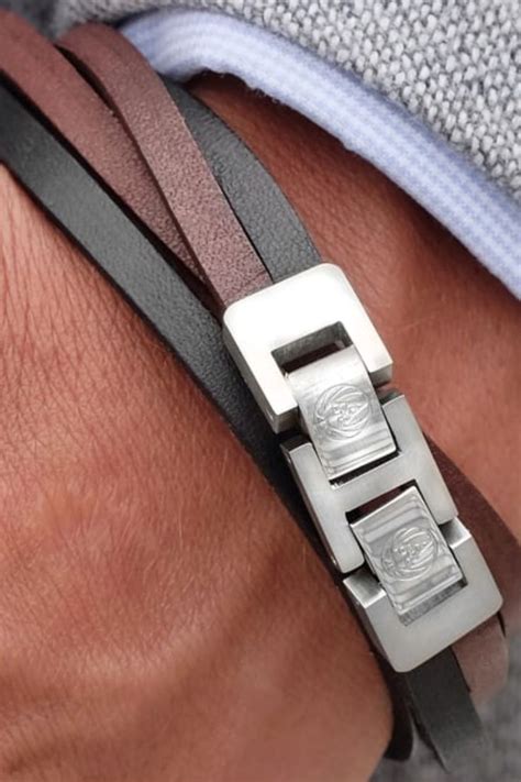 Dark Leather Stainless Steel Double Wrap Bracelet In Stock