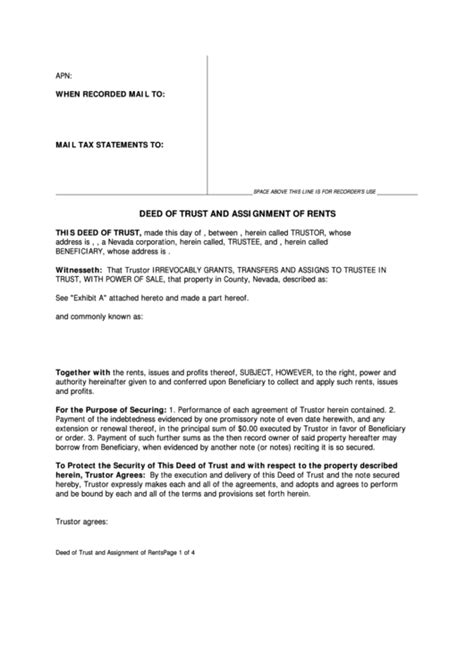 Deed Of Trust And Assignment Of Rents Form Printable Pdf Download