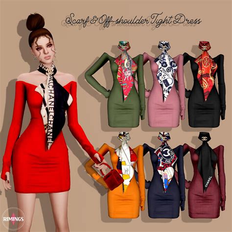 Scarf And Off Shoulder Tight Dress At Rimings Sims 4 Updates