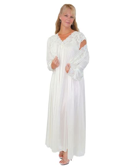 Shadowline Long Nylon Nightgown And Robe Peignoir Set Lace Cap Sleeves