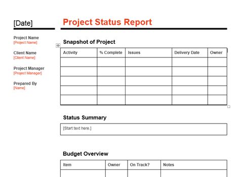 Project Status Report Template Excel