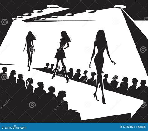 Runway Models On Fashion Show In Black And White Stock Vector