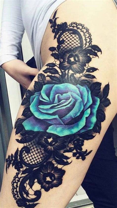 Large Blue Rose Flowers Black Lace Tattoo Ideas For Women White Blouse