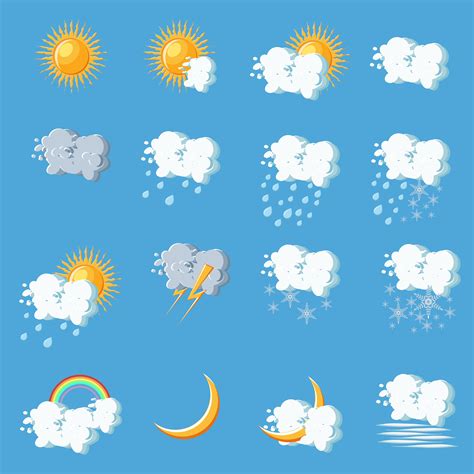 Weather Icons In Cartoon Style On Blue Background 669352 Vector Art At