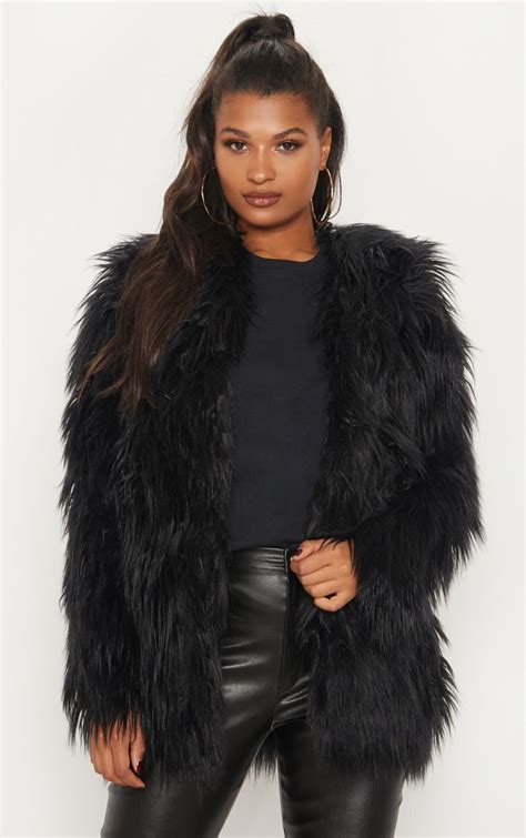 Amaria Black Shaggy Faux Fur Jacket Womens Faux Fur Coat Faux Fur