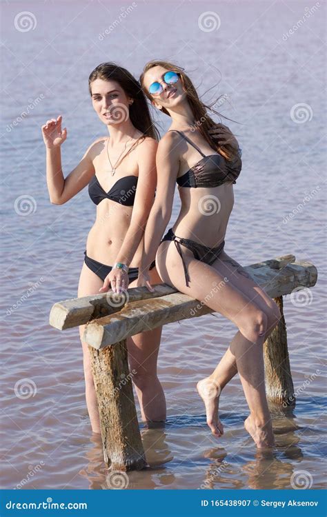 Dwie Seksowne Brunetki Pozujące Się Przy Jeziorze Obraz Stock Obraz