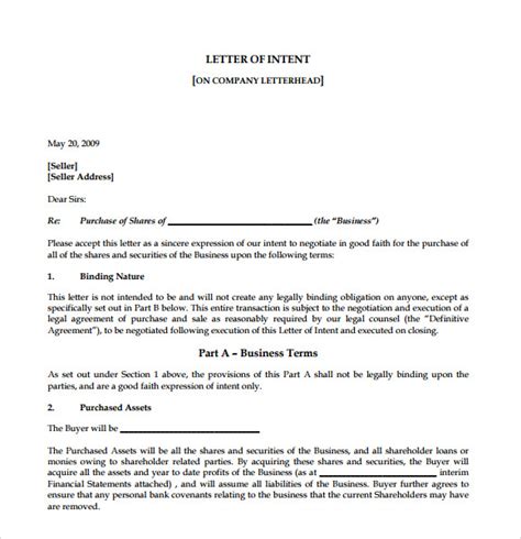 Letter Of Intent To Sell Business Template
