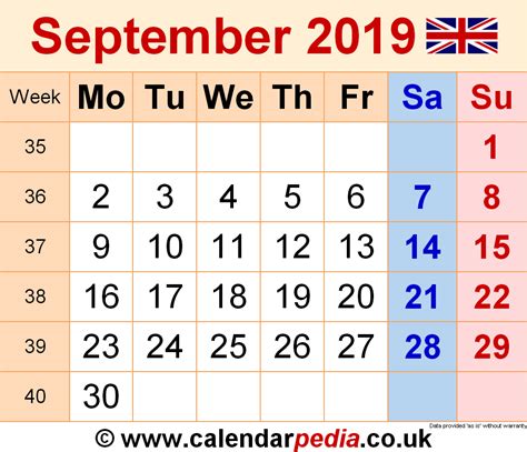 Calendar September 2019 Uk With Excel Word And Pdf Templates