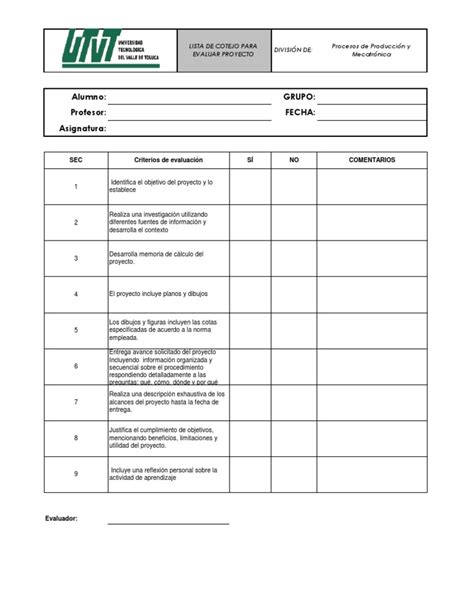 Lista De Cotejo Proyecto Pp Y Mec 2009