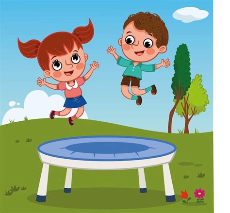 Premium Vector Two Happy Children Jumping On Trampoline In A Park