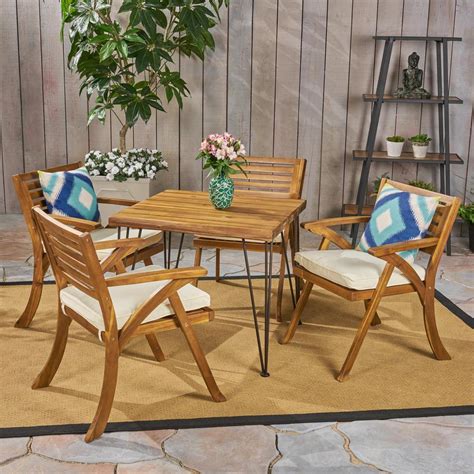 Noble House Blaine Teak Brown 5 Piece Wood Outdoor Dining Set With