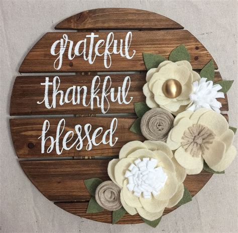Grateful Thankful Blessed Pallet Wood Sign With Felt Flowers