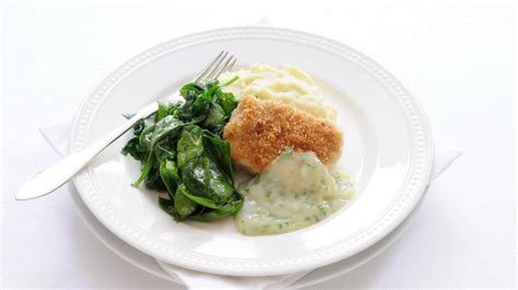 Koolvis uit de oven met crème saus puree en spinazie