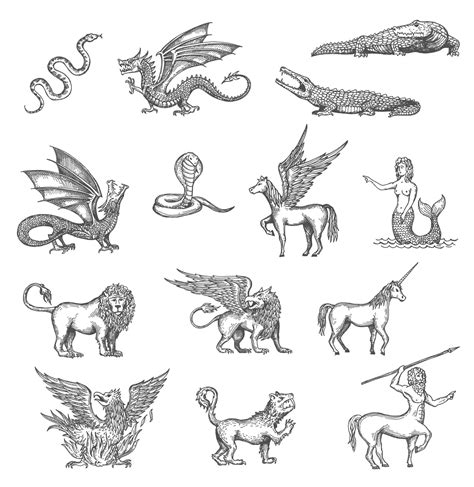 Unicorn Phoenix Dragon Pegasus Animlas Sketch 13467385 Vector Art At