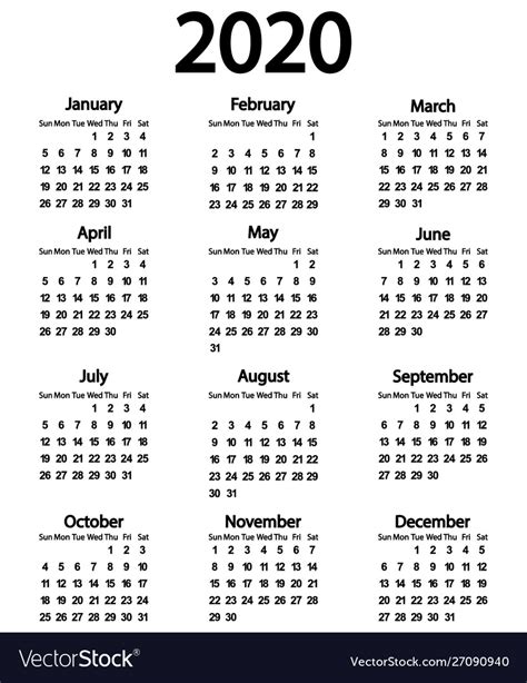 Calendar For Year 2020 On White Royalty Free Vector Image