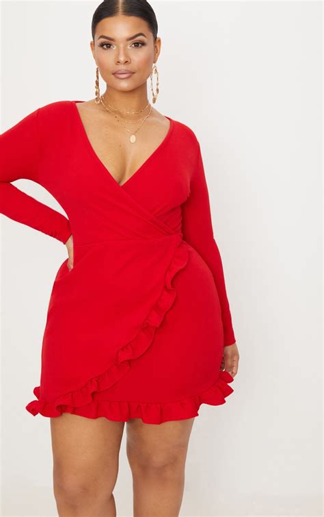 Plus Red Ruffle Detail Wrap Dress Plus Size Prettylittlething Aus