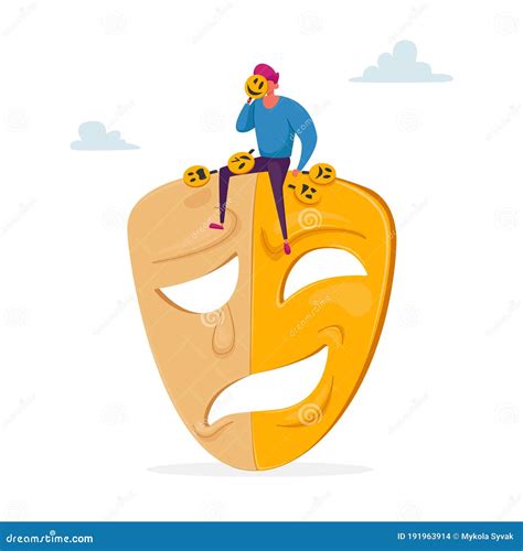 Hypocrisy Concept. Man Sit on Huge Mask Separated on Smiling and Sad