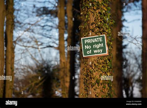 Private No Right Of Way Sign Nailed To A Tree In A Private Woodland Uk