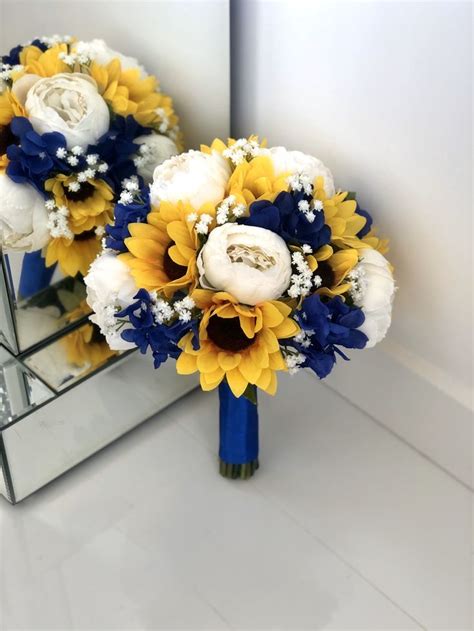 12 Sunflower Bridal Bouquet Yellow And Royal Blue Etsy Sunflower