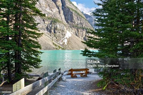 Turquoise Waters Of Beautiful Moraine Lake Snowcovered Rocky Mountains